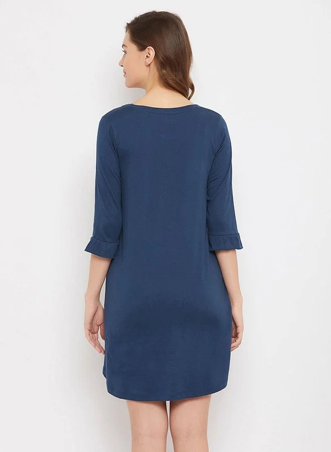 Clovia  Clovia Christmas Print Short Night Dress in Teal - 100% Cotton for Women | Best Price UAE