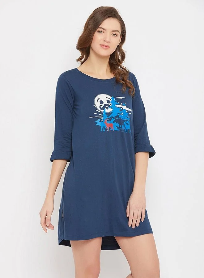 Clovia  Clovia Christmas Print Short Night Dress in Teal - 100% Cotton for Women | Best Price UAE
