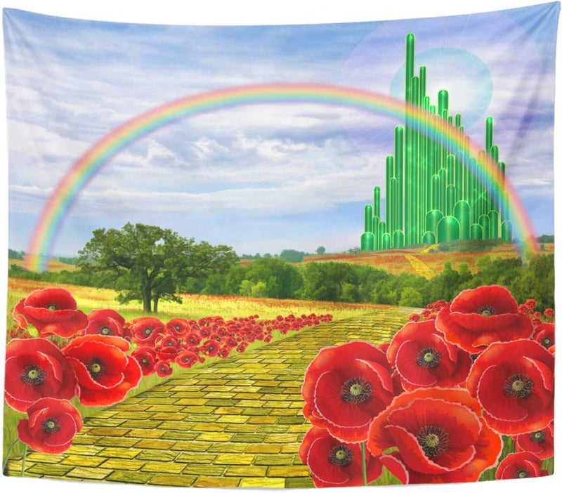 Emvency Tapestry Field Yellow Brick Road Backdrop Leading to Emerald Wizard City Flowers Party Follow Home Decor Wall Hanging for Living Room Bedroom Dorm 50x60 Inches - Image 1