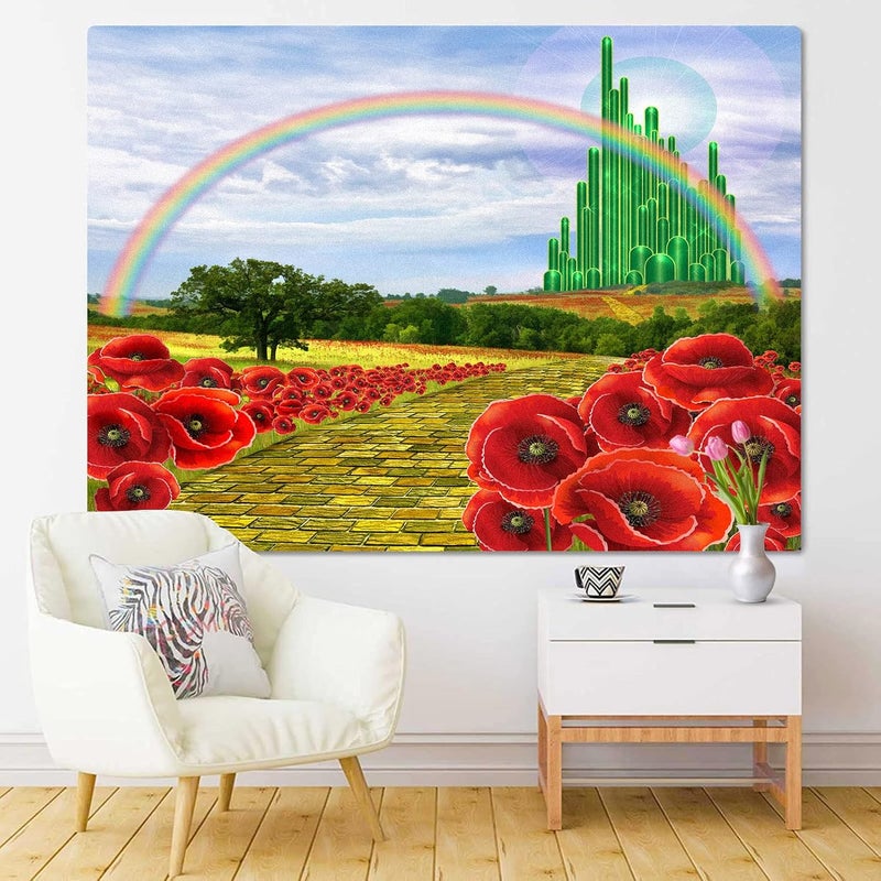 Emvency Tapestry Field Yellow Brick Road Backdrop Leading to Emerald Wizard City Flowers Party Follow Home Decor Wall Hanging for Living Room Bedroom Dorm 50x60 Inches - Image 4