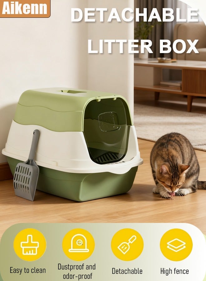Aikenn Enclosed Cat Litter Box, High-Quality PP Material, Anti-Splash with Sand Leak Pedal, Detachable & Easy to Clean, Spacious for 7.5kg Cats (50x34x33cm), Includes Shovel, Odor-Reducing, Indoor Use Green - Image 1