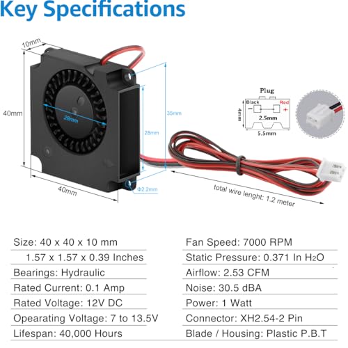 GDSTIME 2 Pack 40mm Blower Fan 12V 40x40x10mm 4010 DC Brushless Cooling Replacement Fans for 3D Printer - Image 3