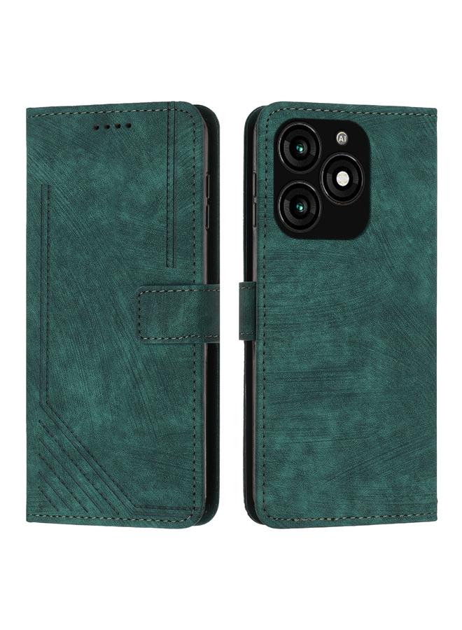 جراب هاتف جلدي بنمط مخطط لهاتف Tecno Spark 20 مع حبل طويل (أخضر)