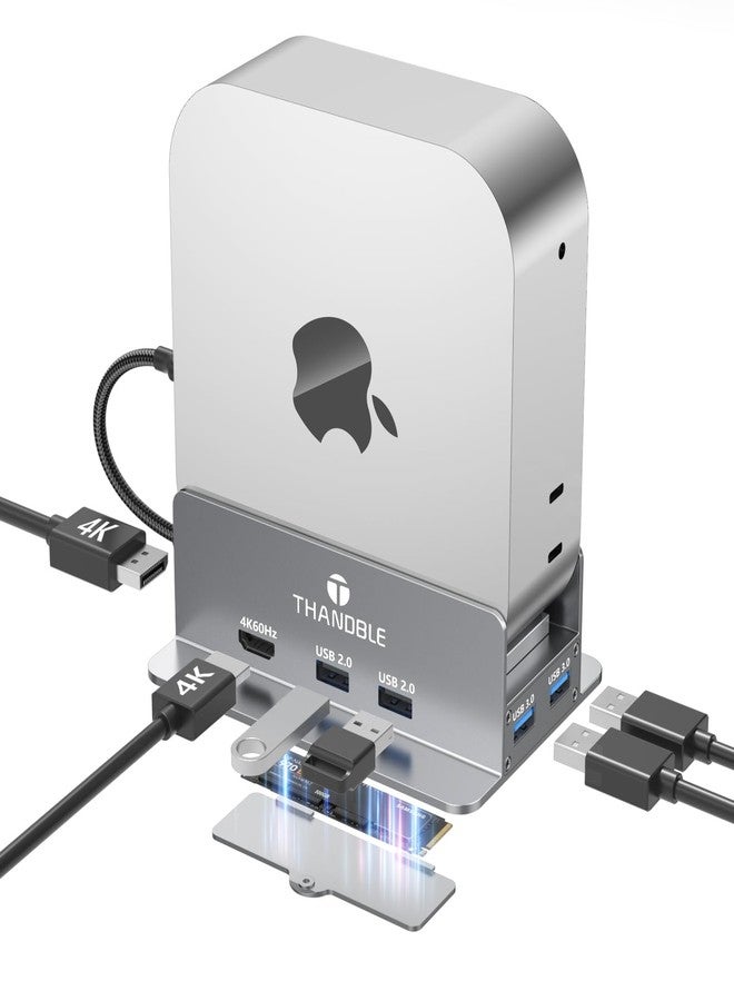 THANDBLE Mac mini M4 Dock & Stand with 4K60Hz HDMI and DisplayPort, M.2 NVMe SSD Enclosure, 4 USB-A Ports, SD/TF Card Reader 9 in 1 Hub for Mac mini M4/M4 Pro - Silver - Image 1
