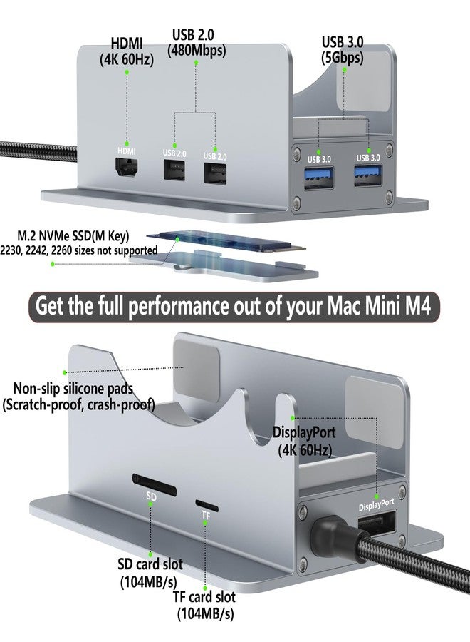 THANDBLE Mac mini M4 Dock & Stand with 4K60Hz HDMI and DisplayPort, M.2 NVMe SSD Enclosure, 4 USB-A Ports, SD/TF Card Reader 9 in 1 Hub for Mac mini M4/M4 Pro - Silver - Image 2