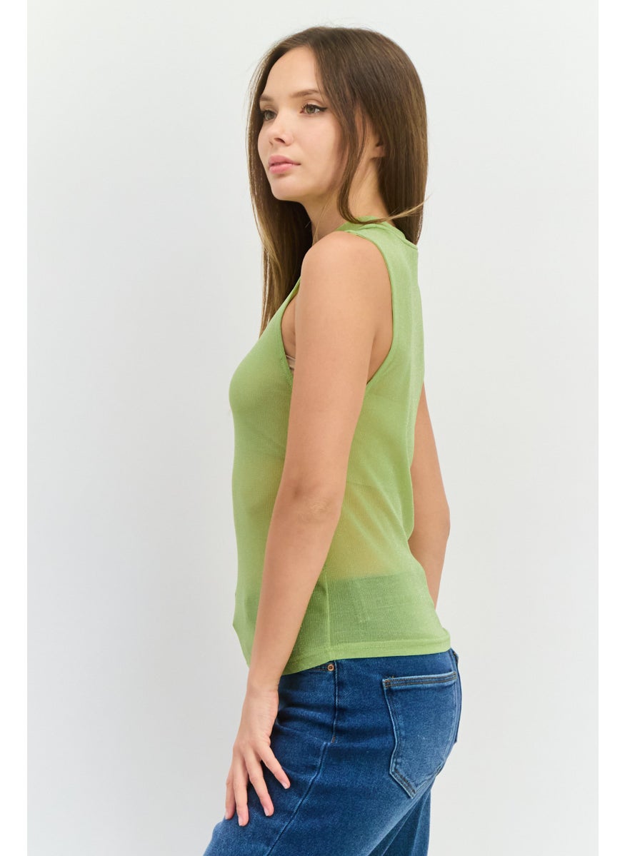 MANGO Women Mock Neck Sleeveless Plain Tank Top, Green  - Image 2