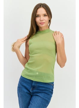 MANGO Women Mock Neck Sleeveless Plain Tank Top, Green  - Image 1