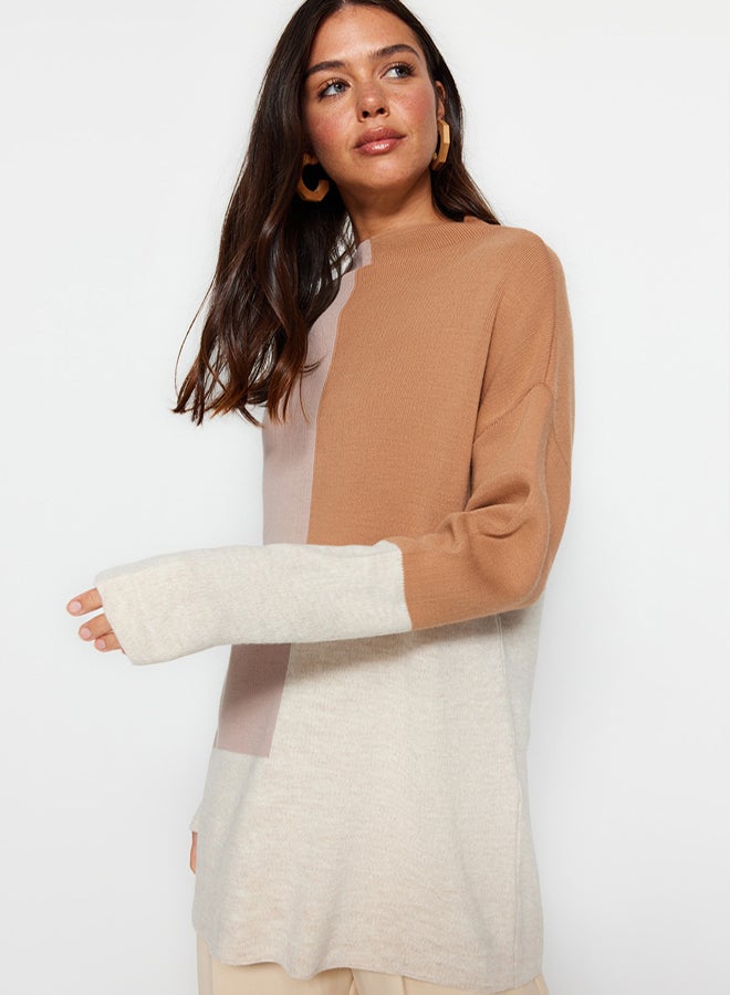 trendyol Stone Color Block High Neck Knitwear Sweater - Image 3