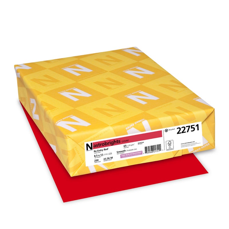 Astrobrights Neenah Astrobrights Premium Color Card Stock, 65 lb, 8.5 x 11 Inches, 250 Sheets, Re-Entry Red - Image 1