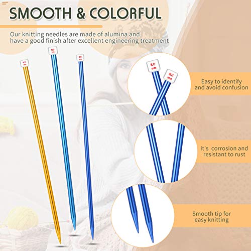 Syhood 6 Pieces/ 3 Pairs Aluminum Straight Knitting Needles Set, 8 mm, 9 mm and 10 mm,14 Inch Single Point Knitting Needles, Color Extra Long Sweater Straight for DIY Projects - Image 3