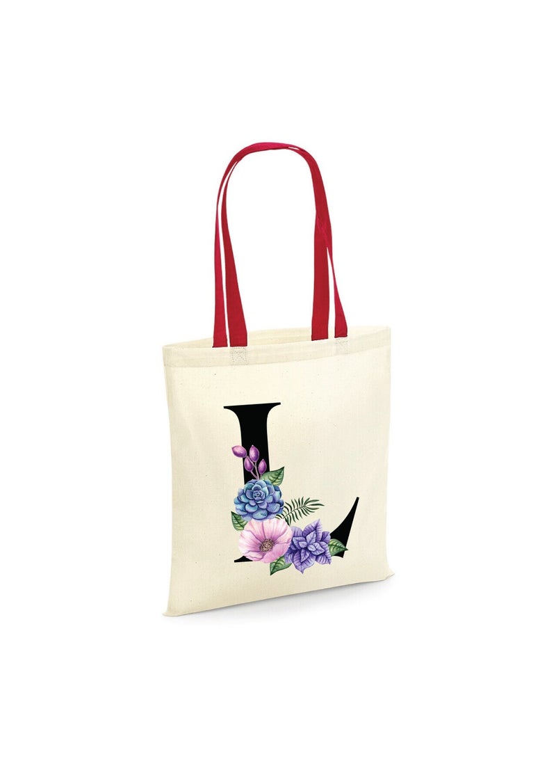 PRINTSHOP4ME Initial Letters Canvas Cotton Tote Bag With Red Handle-Ideal Gifts For Bridesmaids-Party Bag-Reusable Bags  - Image 1