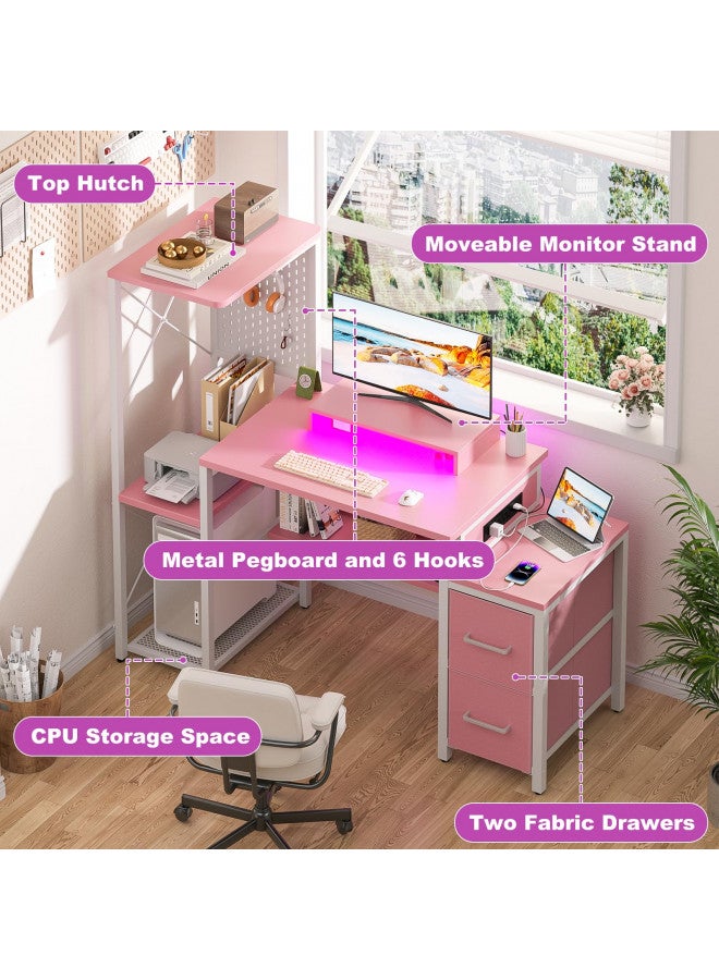 Besiost Small Gaming Desk with 2 Fabric Drawers - Reversible Computer Desk with Power Outlet & LED Lights, 49" Office Desk with Monitor Stand & Storage Shelves, Writing Study Table with Pegboard, Pink  - Image 3