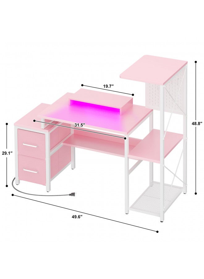 Besiost Small Gaming Desk with 2 Fabric Drawers - Reversible Computer Desk with Power Outlet & LED Lights, 49" Office Desk with Monitor Stand & Storage Shelves, Writing Study Table with Pegboard, Pink  - Image 2