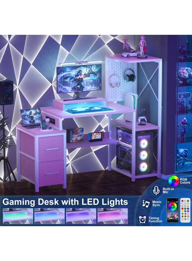 Besiost Small Gaming Desk with 2 Fabric Drawers - Reversible Computer Desk with Power Outlet & LED Lights, 49" Office Desk with Monitor Stand & Storage Shelves, Writing Study Table with Pegboard, Pink  - Image 4