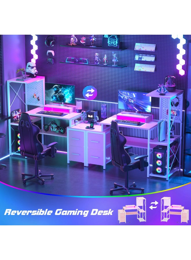 Besiost Small Gaming Desk with 2 Fabric Drawers - Reversible Computer Desk with Power Outlet & LED Lights, 49" Office Desk with Monitor Stand & Storage Shelves, Writing Study Table with Pegboard, Pink  - Image 1