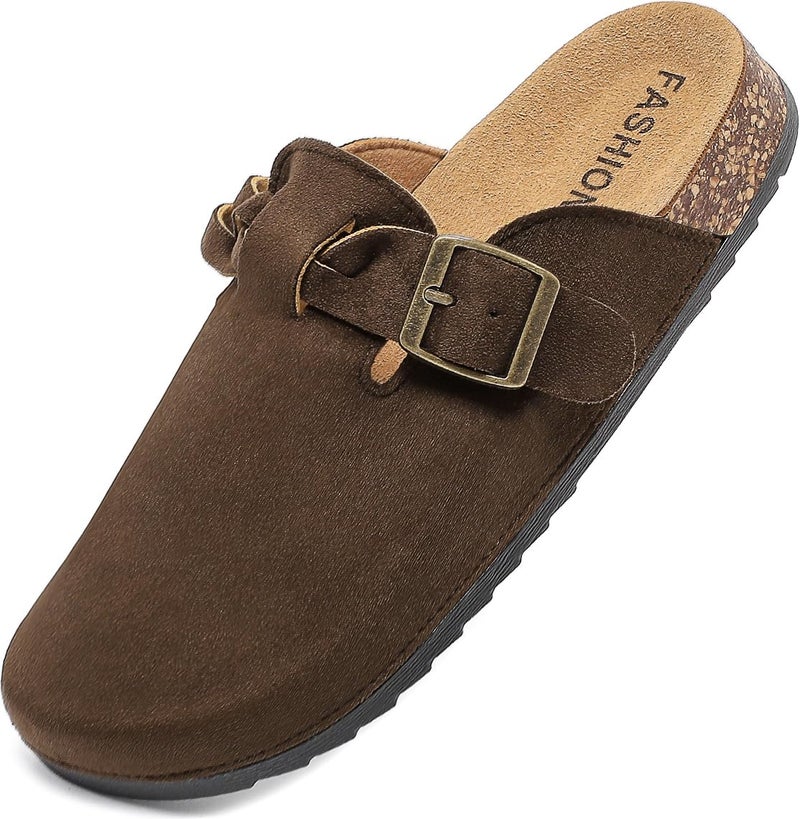 DDXYYDS Women's Suede Clogs Mens Leather Mules Comfort Cork Footbed Sandals with Arch Support and Adjustable Buckle Dark Brown - Image 1