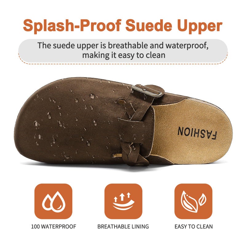 DDXYYDS Women's Suede Clogs Mens Leather Mules Comfort Cork Footbed Sandals with Arch Support and Adjustable Buckle Dark Brown - Image 5