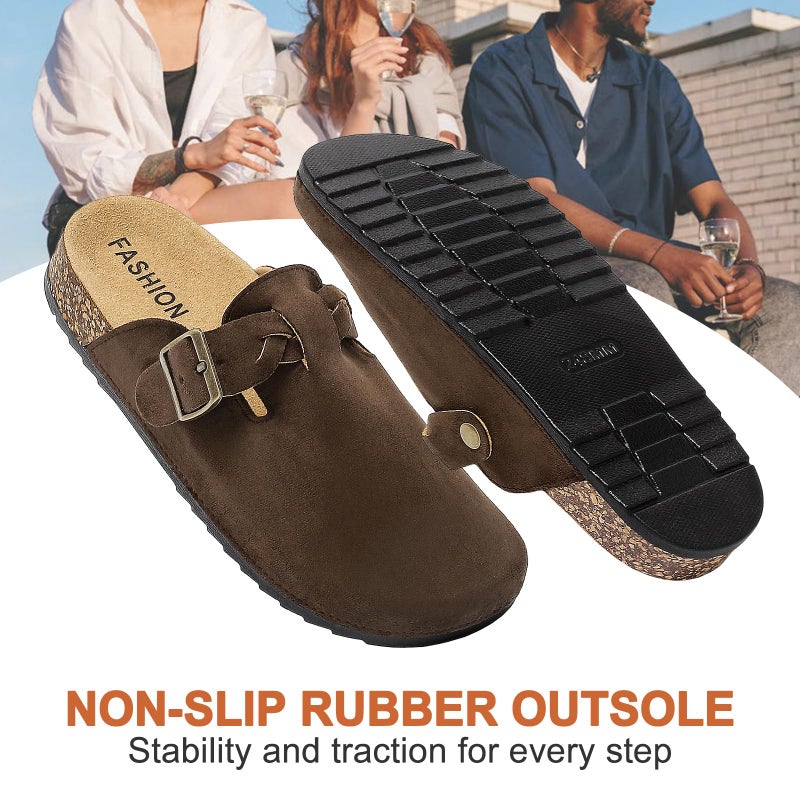 DDXYYDS Women's Suede Clogs Mens Leather Mules Comfort Cork Footbed Sandals with Arch Support and Adjustable Buckle Dark Brown - Image 4