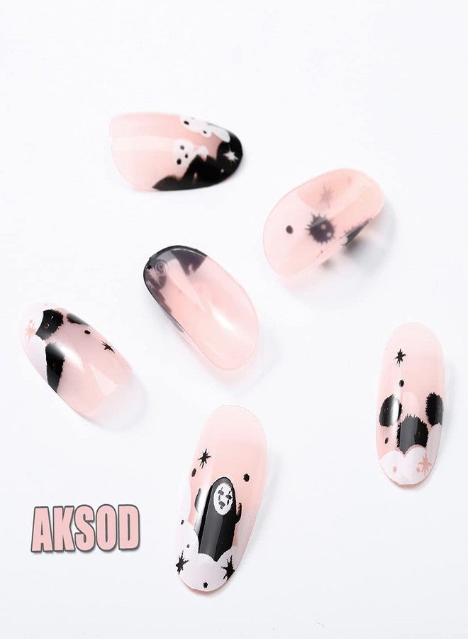 Aksod Ghost Press on Nails Short Glossy Virus Fake Nails Almond Cartoon Designed False Nails Tips Full Cover Cute Halloween Easter Festival Artificial Nails Sets for Women and Gilrs 24Pcs (Style G) - Image 5