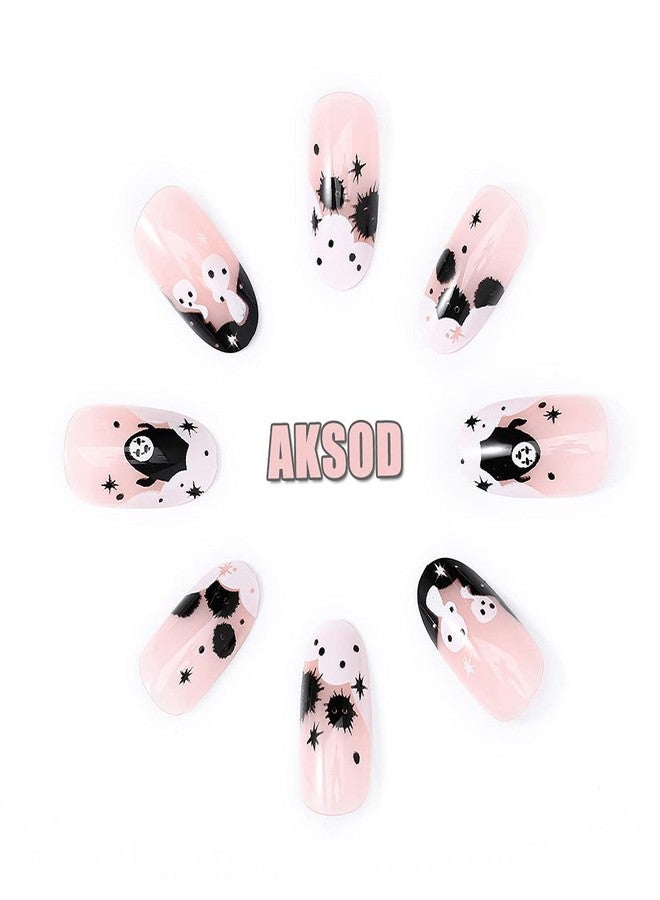 Aksod Ghost Press on Nails Short Glossy Virus Fake Nails Almond Cartoon Designed False Nails Tips Full Cover Cute Halloween Easter Festival Artificial Nails Sets for Women and Gilrs 24Pcs (Style G) - Image 3
