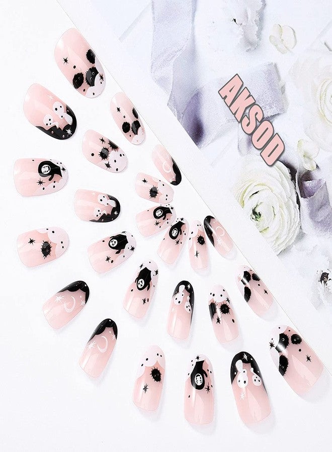 Aksod Ghost Press on Nails Short Glossy Virus Fake Nails Almond Cartoon Designed False Nails Tips Full Cover Cute Halloween Easter Festival Artificial Nails Sets for Women and Gilrs 24Pcs (Style G) - Image 2