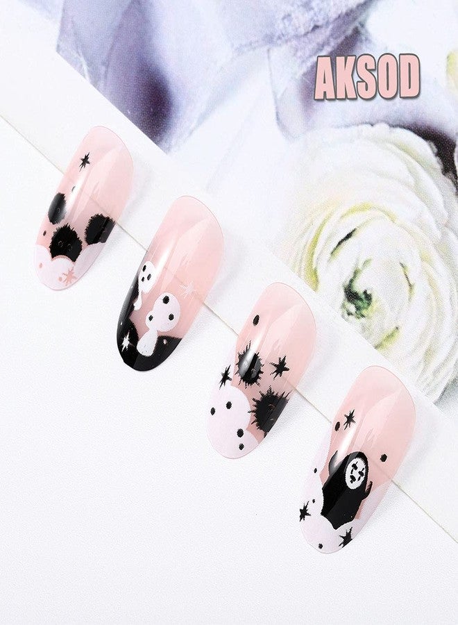 Aksod Ghost Press on Nails Short Glossy Virus Fake Nails Almond Cartoon Designed False Nails Tips Full Cover Cute Halloween Easter Festival Artificial Nails Sets for Women and Gilrs 24Pcs (Style G) - Image 4