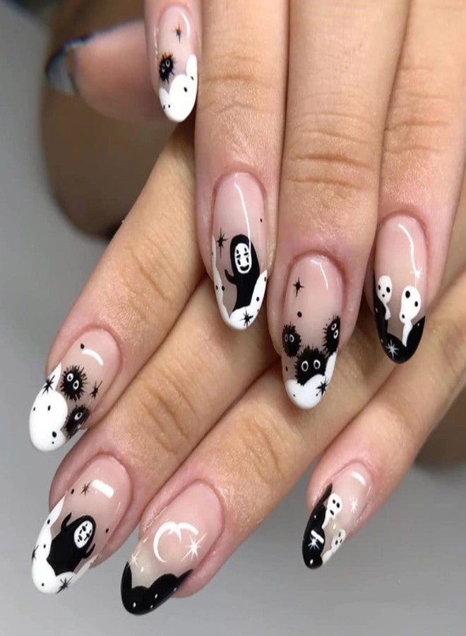 Aksod Ghost Press on Nails Short Glossy Virus Fake Nails Almond Cartoon Designed False Nails Tips Full Cover Cute Halloween Easter Festival Artificial Nails Sets for Women and Gilrs 24Pcs (Style G) - Image 1