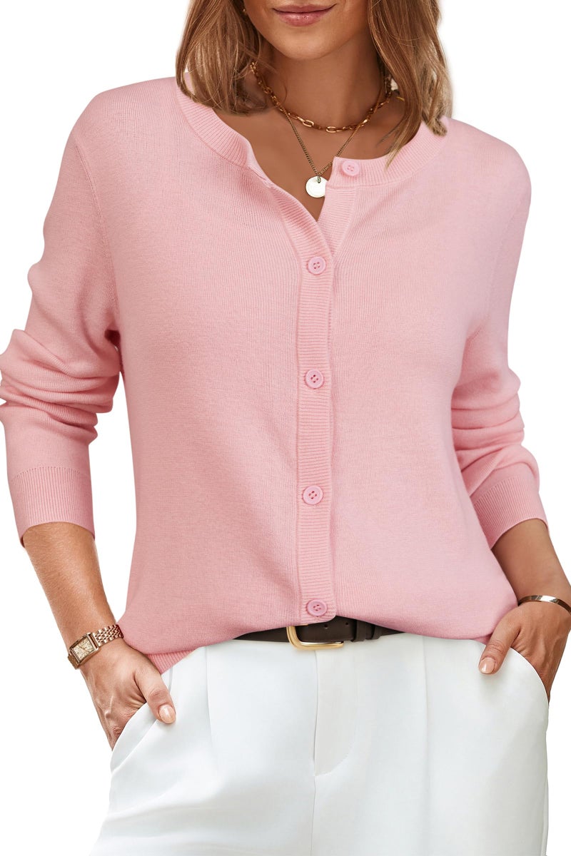 Arach&Cloz Womens Cardigan Sweaters 2026 Soft Layering Essential Wool Long Sleeve Crew Neck Button Down Lightweight Top Fashion Outfits Summer Spring Business Casual Work Light Pink L - Image 1