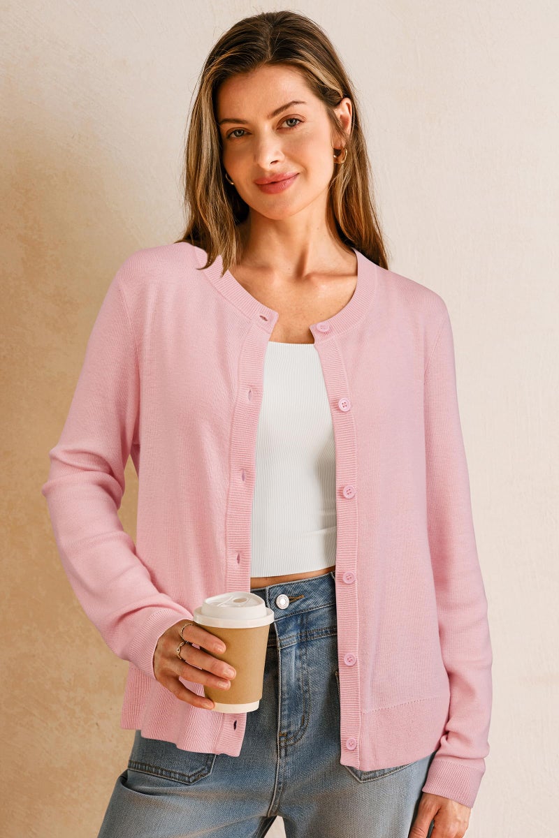 Arach&Cloz Womens Cardigan Sweaters 2026 Soft Layering Essential Wool Long Sleeve Crew Neck Button Down Lightweight Top Fashion Outfits Summer Spring Business Casual Work Light Pink L - Image 2