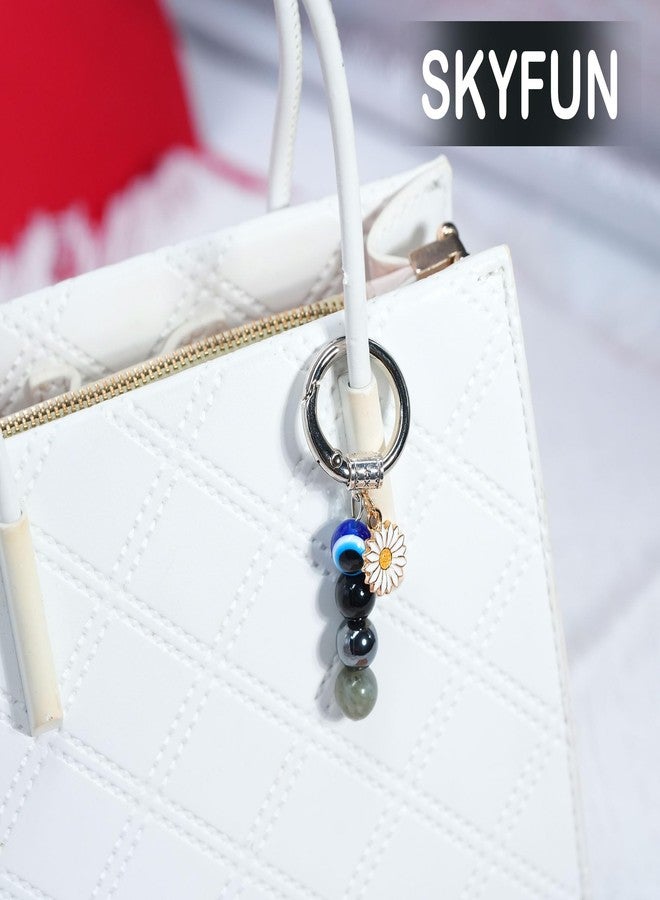SKYFUN Unique Best Friend Birthday Gifts for Women Triple Protection Keychain with Daisy Pendant 10mm Natural Healing Stone Evil Eyes Keychains Bag Purse Backpack Charms, Triple Threat - Image 2