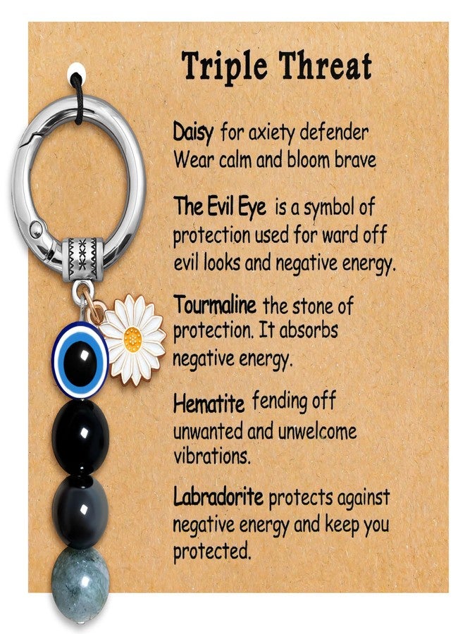 SKYFUN Unique Best Friend Birthday Gifts for Women Triple Protection Keychain with Daisy Pendant 10mm Natural Healing Stone Evil Eyes Keychains Bag Purse Backpack Charms, Triple Threat - Image 1