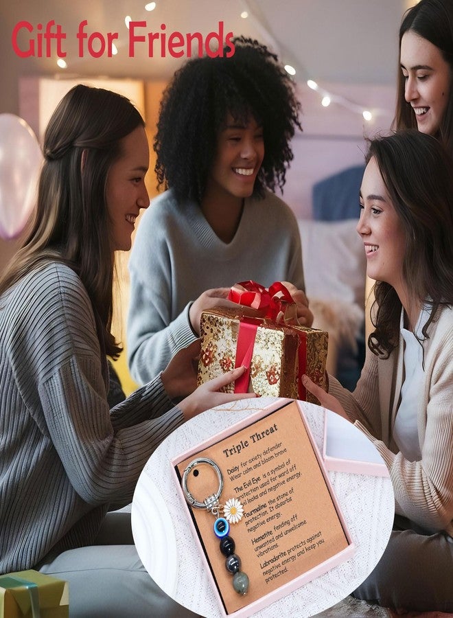 SKYFUN Unique Best Friend Birthday Gifts for Women Triple Protection Keychain with Daisy Pendant 10mm Natural Healing Stone Evil Eyes Keychains Bag Purse Backpack Charms, Triple Threat - Image 4