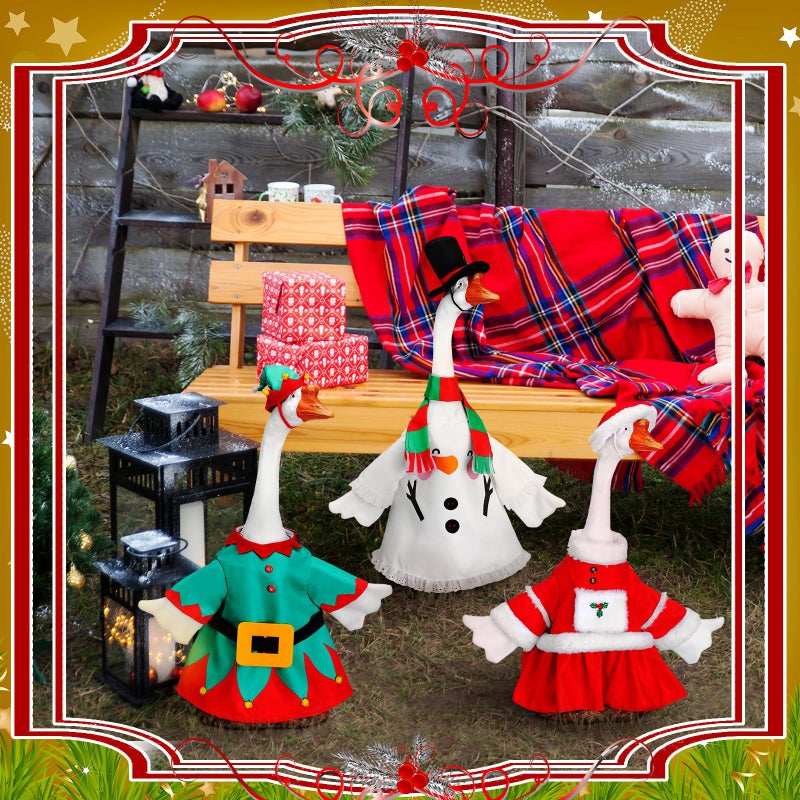 Yeyeplum 3 Set Christmas Porch Goose Outfit 23 Inch Christmas Elf Snowman Cement Goose Clothes Costume for Xmas Garden Yard Statue Party Decoration - Image 2