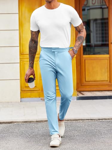 PASLTER Mens Chinos Pants Slim Fit Stretch Flat-Front Skinny Dress Suit Pants Cotton Slacks Sky Blue - Image 3