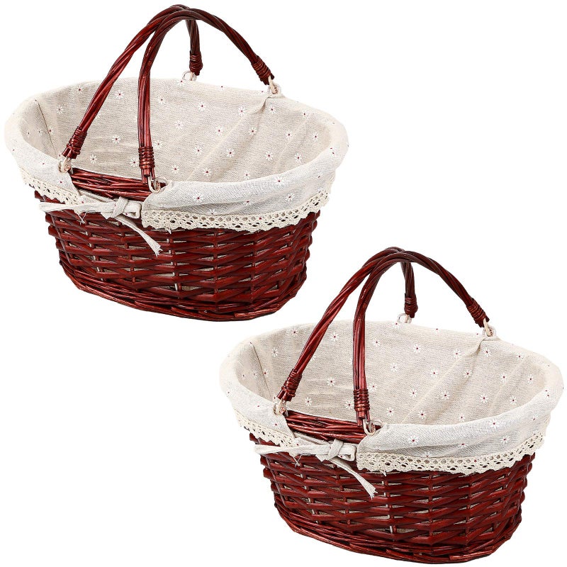 KINJOEK 2 Packs Wicker Woven Basket, Multipurpose Natural Willow Basket with Handle Premium Linen Cotton Cloth Lining for Storage and Decoration, Brown - Image 1
