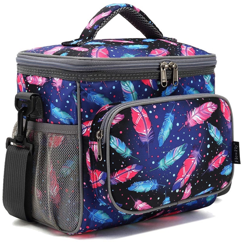 FlowFly Insulated Reusable Lunch Bag Adult Large Lunch Box for Women and Men with Adjustable Shoulder StrapFront Zipper Pocket and Dual Large Mesh Side PocketsFeather