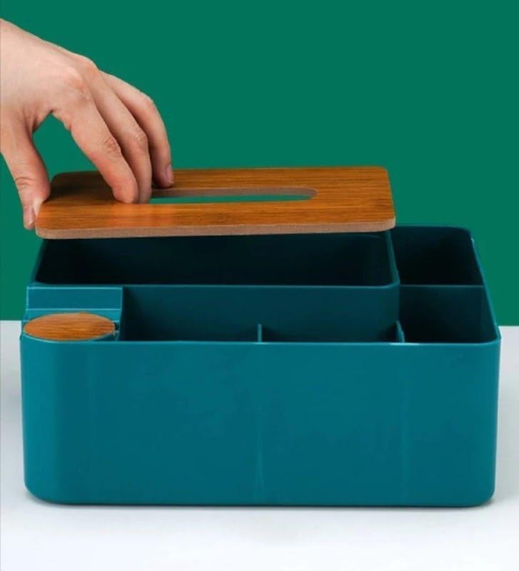 Yancorp Desktop Tissue Box Organizer with Storage Compartments, Wooden Lid, Teal - Image 1