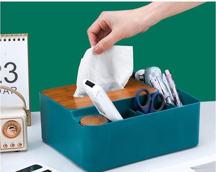 Yancorp Desktop Tissue Box Organizer with Storage Compartments, Wooden Lid, Teal - Image 4