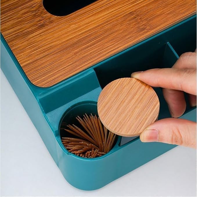 Yancorp Desktop Tissue Box Organizer with Storage Compartments, Wooden Lid, Teal - Image 2