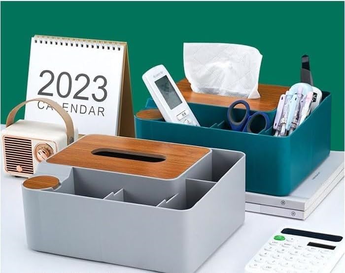 Yancorp Desktop Tissue Box Organizer with Storage Compartments, Wooden Lid, Teal - Image 5