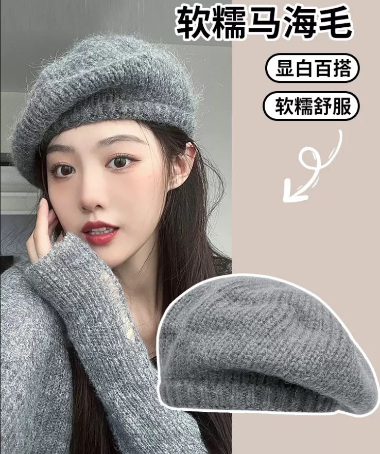 Wool Beret Knit Painter Cap Women Fluffy Winter Mocha - Image 5