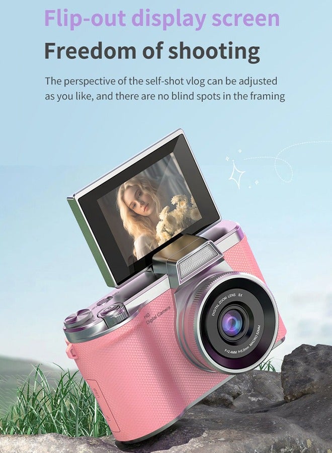 Digisand Kids Digital Camera - CCD Camera - 1080P HD Point-and-Shoot Camera - Vlogging Camera - 2.4 Inch HD Flip Screen - 8X Digital Zoom - Image Stabilization - Built in LED Fill Light - Equipped with 64GB SD Card (Pink) - Image 2