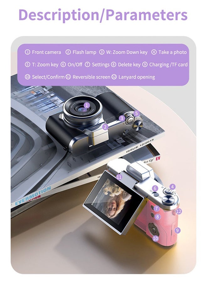 Digisand Kids Digital Camera - CCD Camera - 1080P HD Point-and-Shoot Camera - Vlogging Camera - 2.4 Inch HD Flip Screen - 8X Digital Zoom - Image Stabilization - Built in LED Fill Light - Equipped with 64GB SD Card (Pink) - Image 3