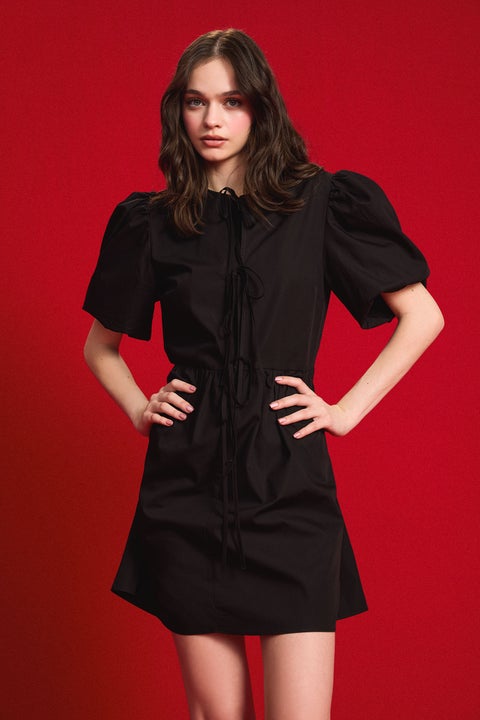 Black Woman Crew Neck Poplin Mini Dress Casual