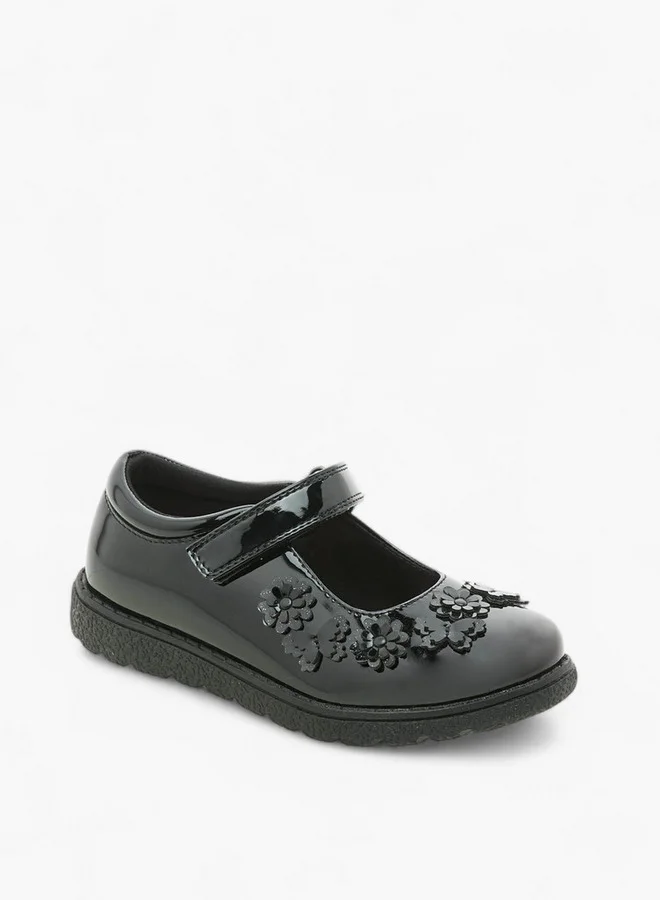 JUNIORS Girls Flower Applique School Shoes with Hook and Loop Closure