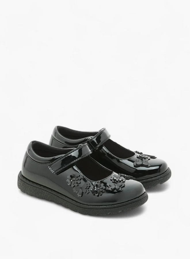JUNIORS Girls Flower Applique School Shoes with Hook and Loop Closure