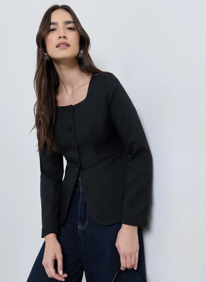 Styli Black Fitted Peplum Top with Button Front