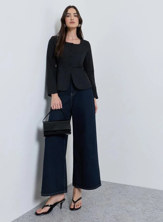 Styli Black Fitted Peplum Top with Button Front
