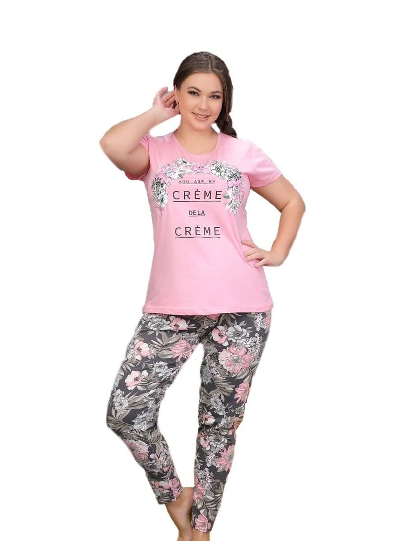 Ganna Women's short-sleeved pyjamas and summer long pants made of cotton large sizes 