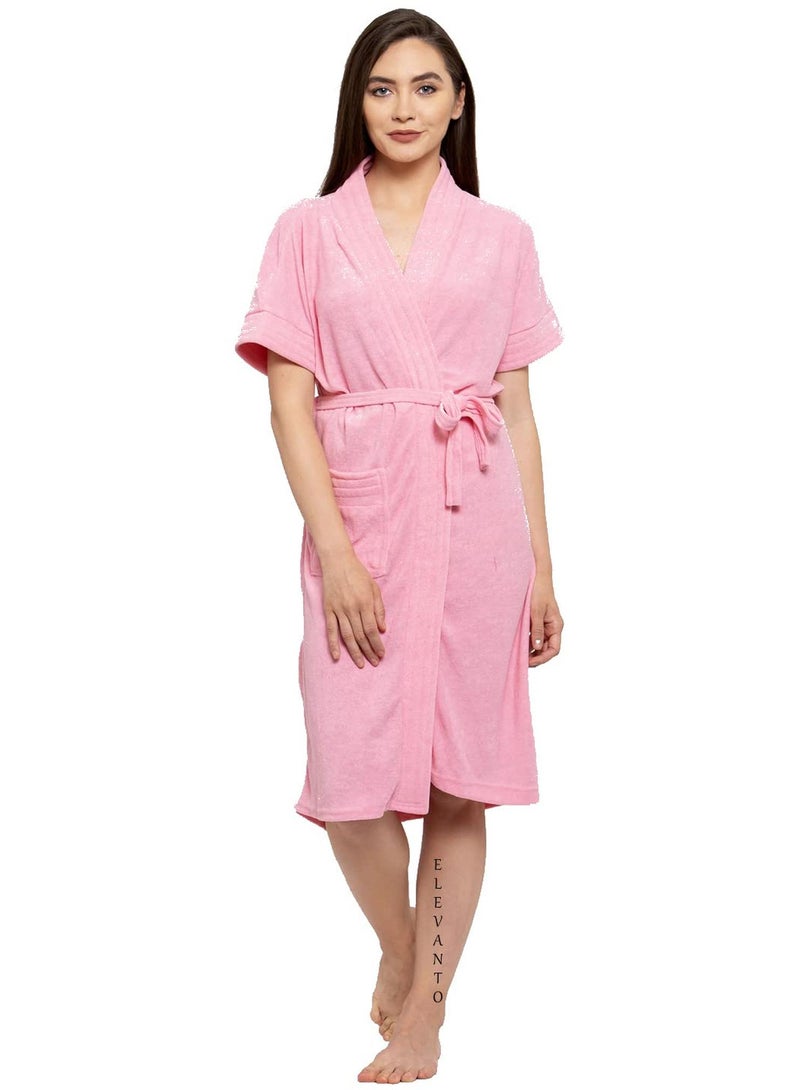 (PINK) PREMIUM DRY TECH TERRY MATERIAL HALF SLEEVE WITH FRONT POCKET BATHROBE FOR WOMENS
